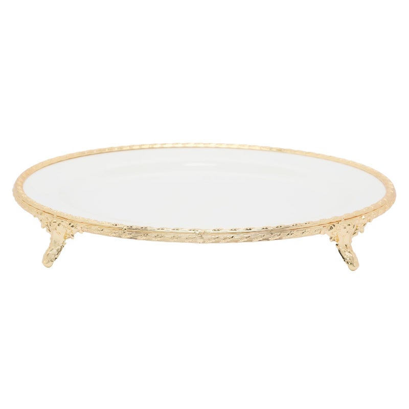 سوليتير طبق ميلامين بيضاوي فاخر مع اطار معدني وساق، أبيض/ذهبي - Image 1